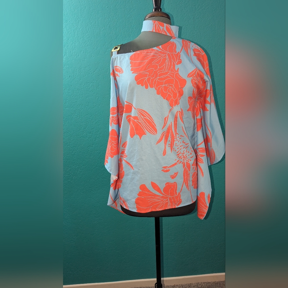 Floral One-Shoulder Top in Blue and Orange